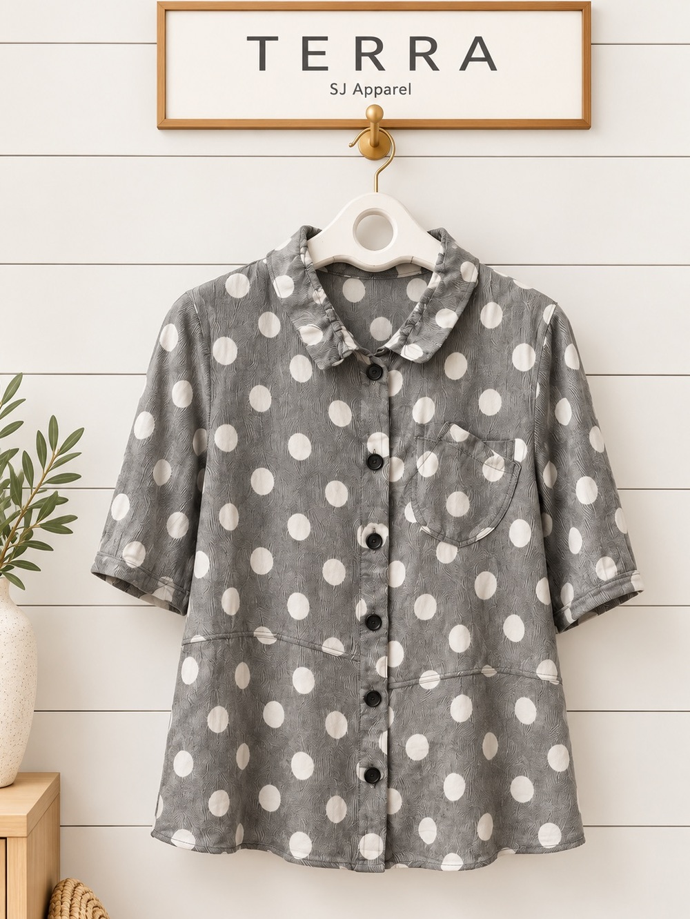 TERRA SJ Apparel Grey Polka Dot Linen Blend Blouse Size S